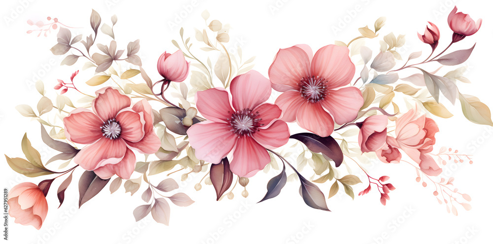 Fototapeta premium pink watercolour floral bouquet of flowers on white background for wedding stationary invitations, greetings, wallpapers, fashion, prints