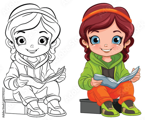 Girl cartoon reading book isolated and its doodle outline