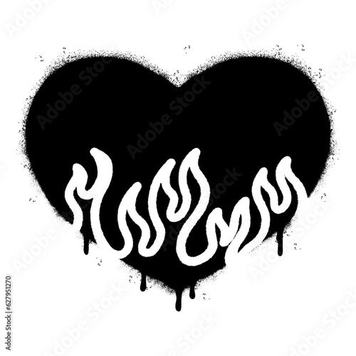 Spray Painted Graffiti Heart flame icon Sprayed isolated with a white background. graffiti Love fire symbol with over spray in black over white.