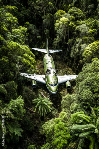 An abandoned airplane in a tropical rainforest 