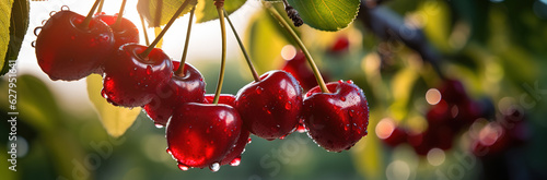 Cherry tree with fresh red cherries. Ripe cherries in Orchard ready for harvesting photo