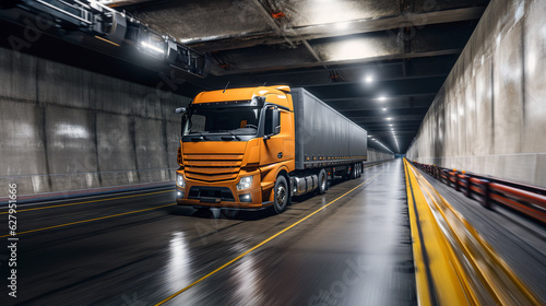 Cargo Truck Driving Inside a Long Tunnel: Transporting Goods and Packages, Generative AI