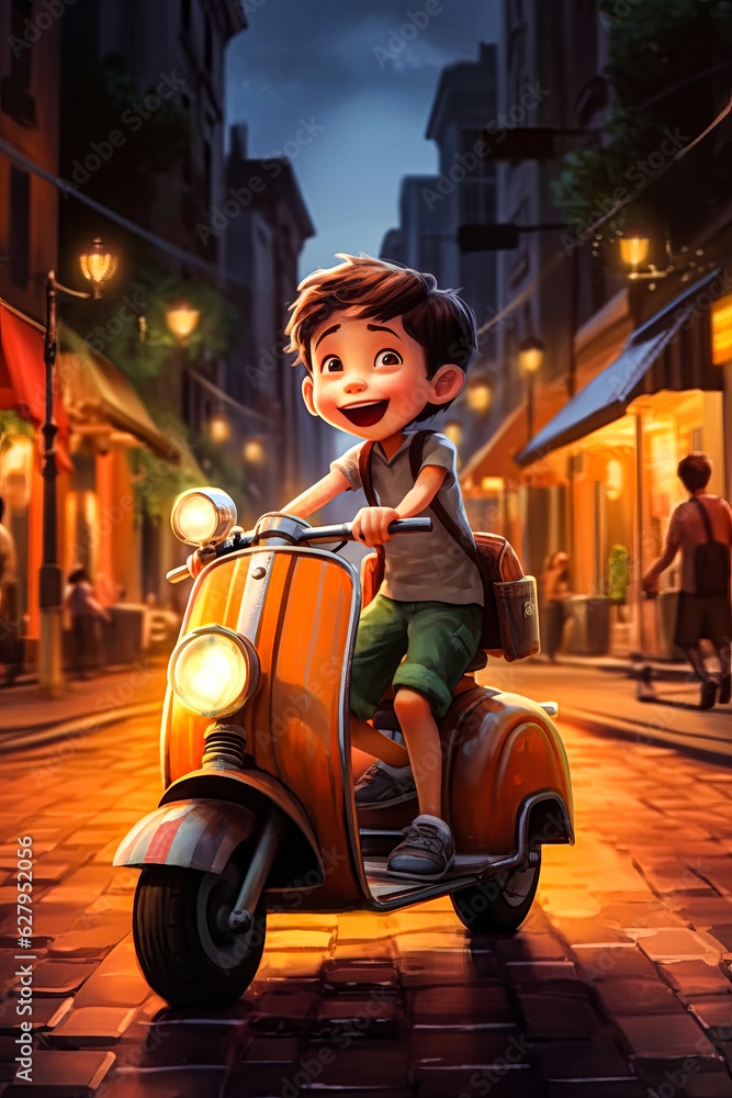 Cute little cartoon boy riding scooter,