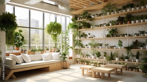 Modern interior with lots of plants. Generative AI