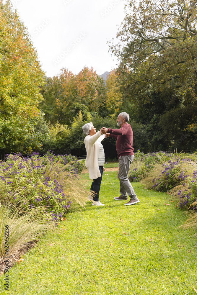 Obraz premium Happy senior biracial couple dancing with flowers around them in garden at home, copy space