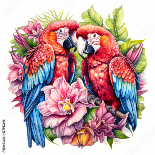 a watercolor drawing of two Macaw with flowers and leave © Ivan Tan