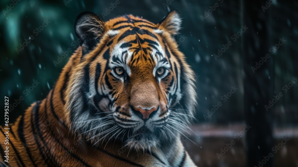 Magnificent big cat portrait showcasing a sad tiger in a controlled zoo environment. Rainy gloomy day.