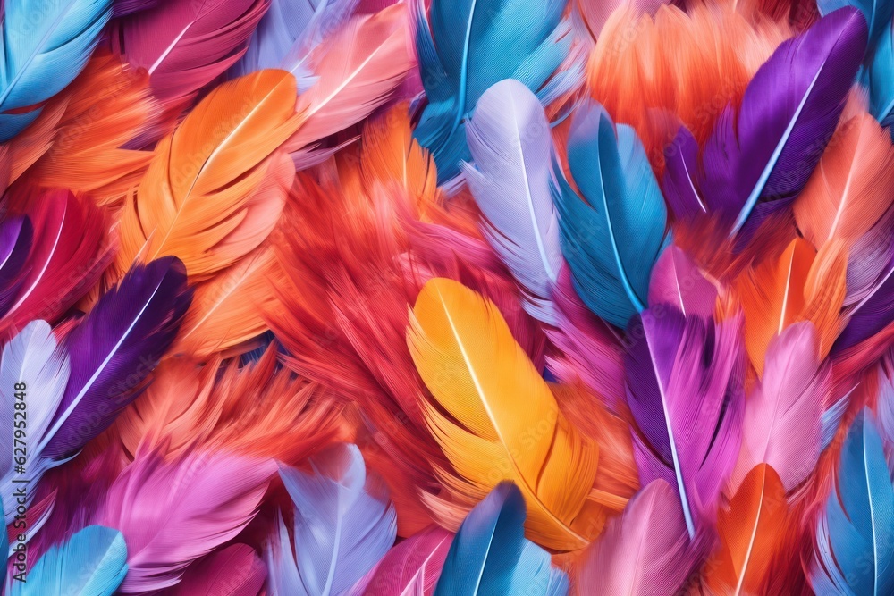 Beautiful seamless pattern with vivid multicolored bird feathers, endless texture. Fabric template. Organic background.