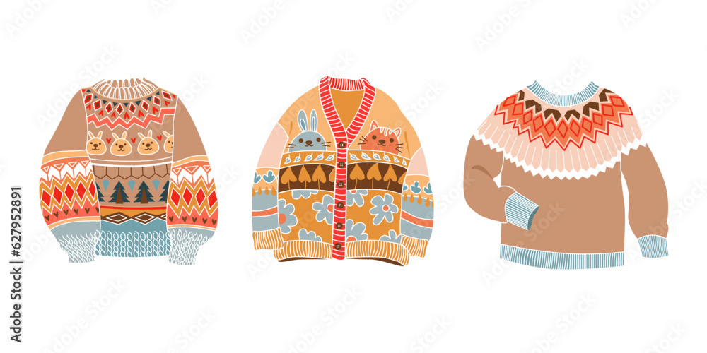Cozy sweater set flat style. Cute warm clothes with ornament. Colored cartoon vector illustration for your design stickers. Cozy sweater set flat style. Cute warm clothes with ornament. Colored cartoon vector illustration for your design stickers.