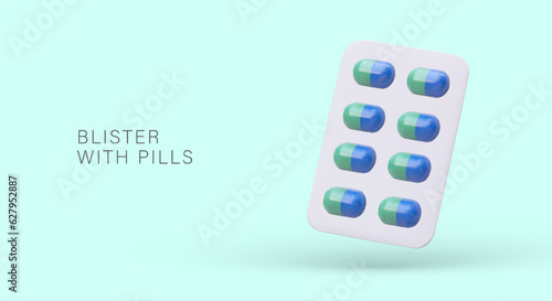 3D blister with colored capsules. Classic method of treatment. Dosed medical drugs. Advertising banner with text. Concept for hospital, pharmacy, pharmaceutical company. Vitamins for beauty and health
