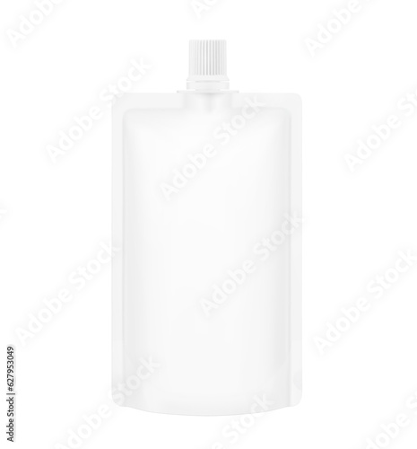 Pouch up bag mockup with center spout. Vector illustration isolated on white background. Front view. Can be use for template your design, presentation, promo, ad. EPS10.	