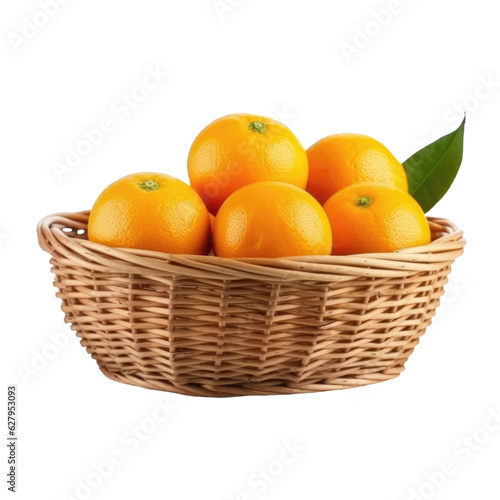 Illustration of wicker basket full of ripe orange fruits isolated on transparent background. PNG clip art element.