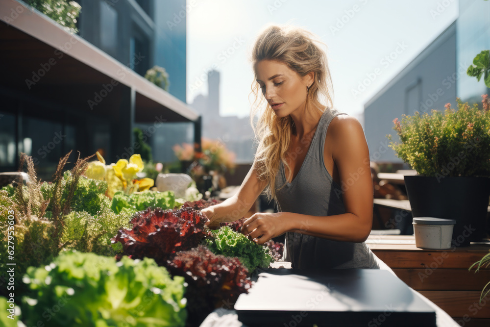 Woman Working at Urban Farm Rooftop Garden Generative AI