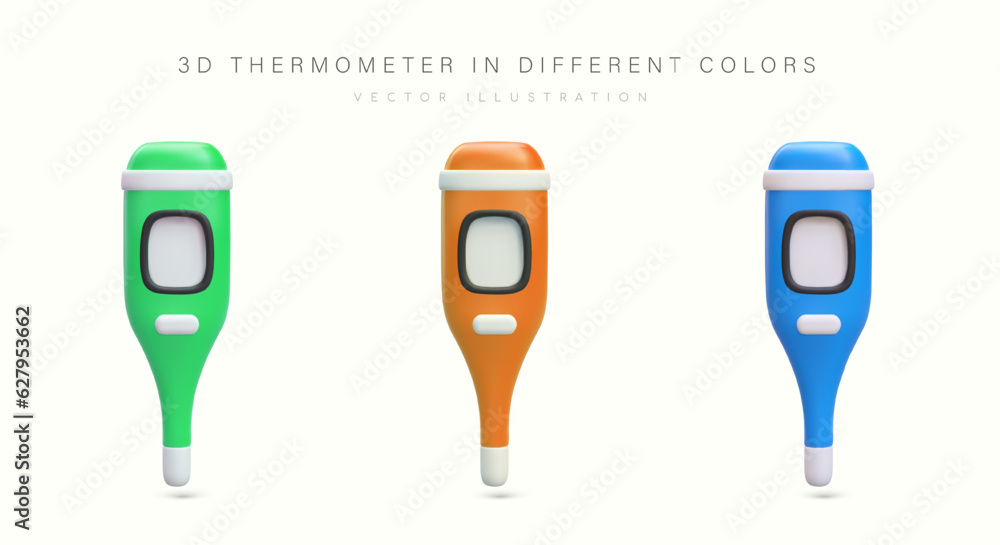 3D digital thermometers in different colors. Electronic equipment for measuring body temperature. Modern tool with screen. Set of vector illustrations for medical website, poster, reminder, warning 3D digital thermometers in different colors. Electronic equipment for measuring body temperature. Modern tool with screen. Set of vector illustrations for medical website, poster, reminder, warning