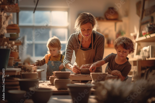 Mother and Children Hobby Making Pottery Studio Generative AI