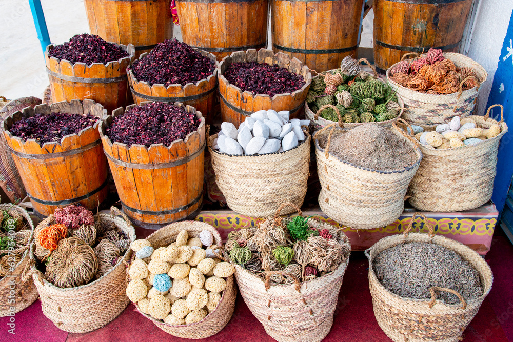 Fototapeta premium Baskets of spices and herbs in the Egyptian market
