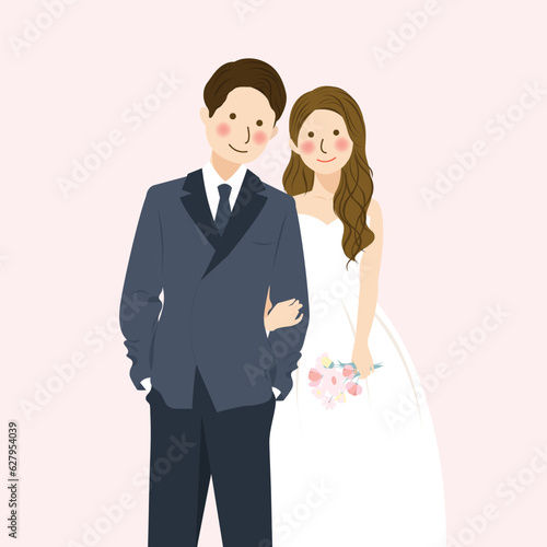 Cute Wedding Couple Holding Hand and embracing in formal wedding attire, Romantic cute couple illustration character with Flower Bouquet
