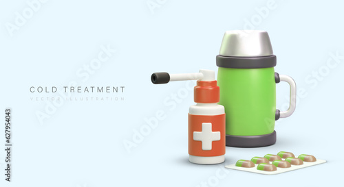 Web poster with spray for throat, pills and thermos with tea. Cold treatment concept. Treatment of seasonal diseases. Vector illustration with blue background