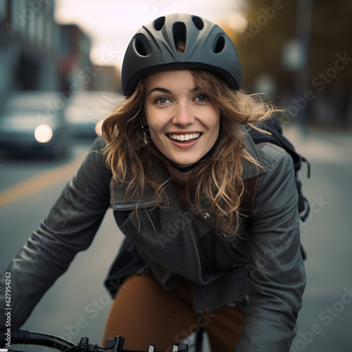 woman enjoying a city ride with a bike . Generative AI © Cavan