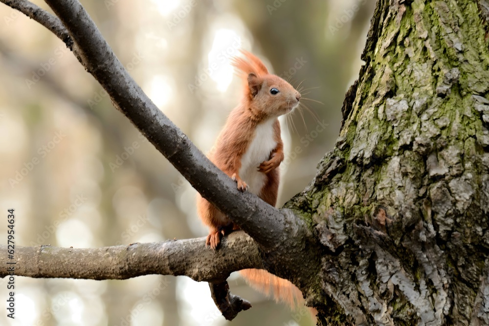 Obraz premium Red squirrel on a tree.