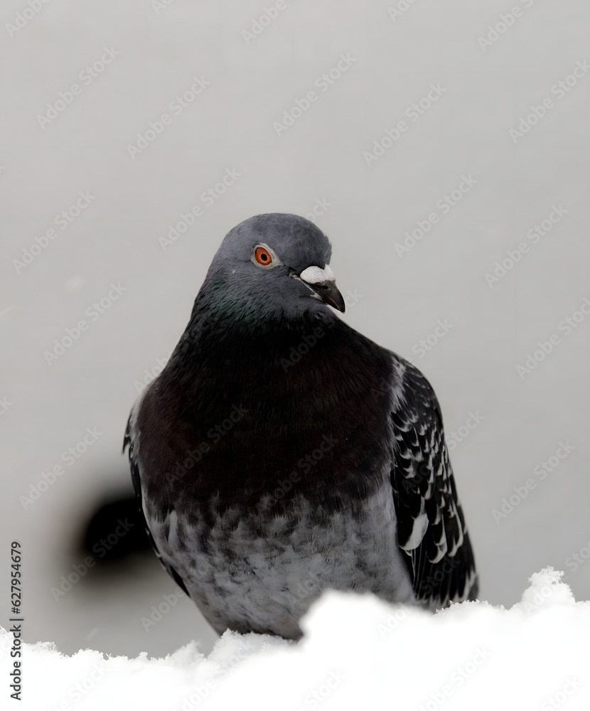 A city pigeon in a winter scene in the snow. A city pigeon in a winter scene in the snow.