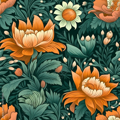 vintage green and orange floral pattern