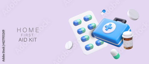 Concept of home first aid kit. Poster with realistic 3d box with different pills for first help. Medicine collection concept. Vector illustration with place for text