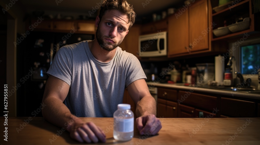 A man sitting at a table with a bottle of water. Generative AI. A man sitting at a table with a bottle of water. Generative AI.