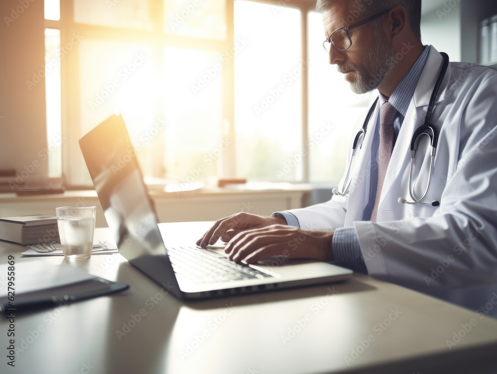 A man in a lab coat is typing on a laptop. Generative AI. A man in a lab coat is typing on a laptop. Generative AI.