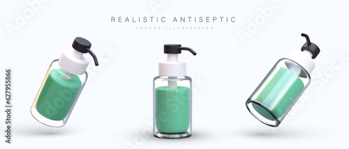 Set of bottles with green antiseptic. Sanitizer with dispenser. Liquid soap for disinfection. Glass container with reflections and shadows. Color images in cartoon style