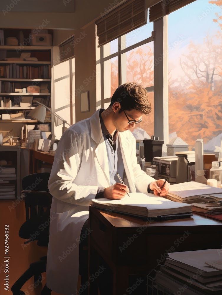 A man in a lab coat writing on a piece of paper. Generative AI. A man in a lab coat writing on a piece of paper. Generative AI.