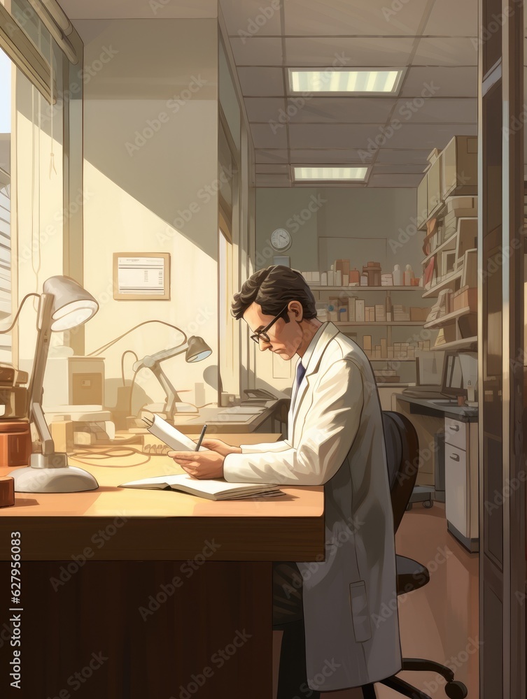 A man in a lab coat sitting at a desk. Generative AI. A man in a lab coat sitting at a desk. Generative AI.