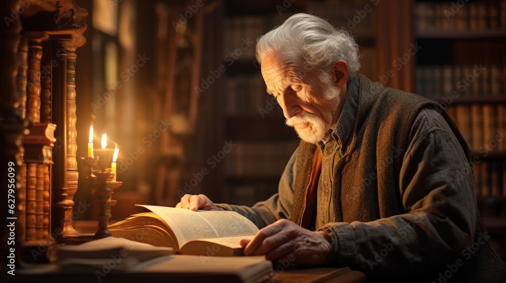 An old man reading a book in a library. Generative AI. An old man reading a book in a library. Generative AI.
