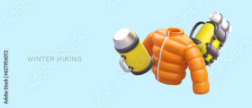 Winter hiking. Tourist clothes and accessories. Vector poster with 3D puffer jacket, backpack, thermos. Color advertising banner. Travel in cold season. Extreme tourism