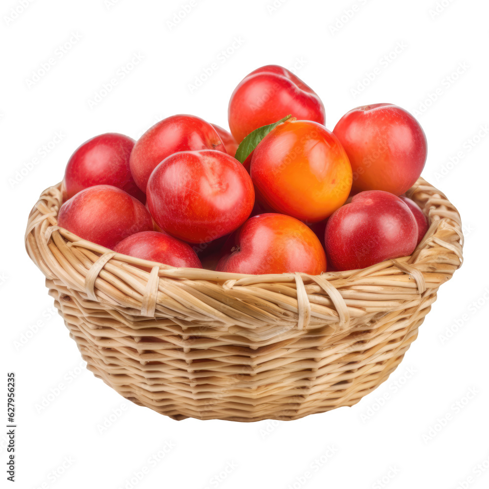 Wicker basket full of delicious ripe and sweet plums isolated on transparent background, png clip art. Template for fruit flavor mark. Wicker basket full of delicious ripe and sweet plums isolated on transparent background, png clip art. Template for fruit flavor mark.