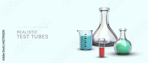 Web poster with realistic 3d test tubes. Medical equipment for tests and researches in laboratory. Colorful vector illustration with place for text and blue background