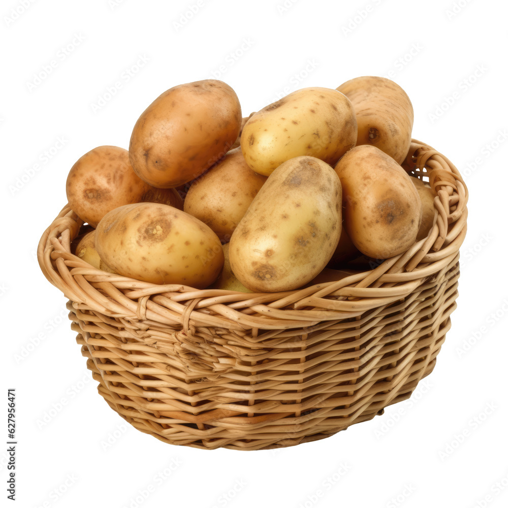 Wicker basket full of organic natural potatoes isolated on transparent background, png clip art. Wicker basket full of organic natural potatoes isolated on transparent background, png clip art.