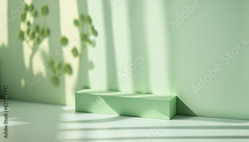 Abstract studio light green background for product presentation. Empty room with shadows of window and flowers and palm leaves. 3d room with copy space. Summer concert. beauty product placement.