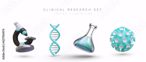 Set of 3D images of clinical research. Detailed illustrations of microscope, DNA double helix, flask with liquid, coronavirus. Vector icons in cartoon style
