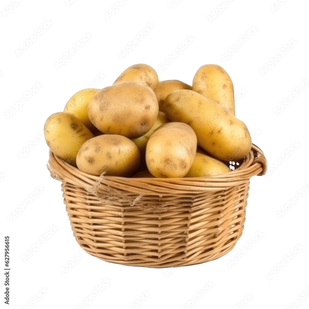 Wicker basket full of organic natural potatoes isolated on transparent background, png clip art. Wicker basket full of organic natural potatoes isolated on transparent background, png clip art.