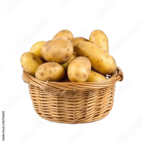 Wicker basket full of organic natural potatoes isolated on transparent background  png clip art.