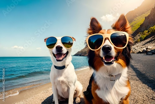 two dogs on the beach taking selfie with sunglass generated by AI tool © Muhammad