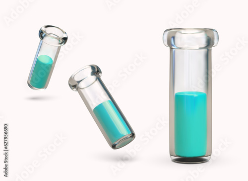 Transparent open glass tubes with green substance. Laboratory studies. Consumables of chemist, biotechnologist, scientist. Vector images for website design, game, advertising, educational resources