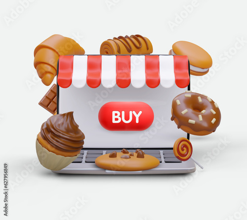 Web store with button buy sweets. 3d realistic laptop, muffin, donut, lollipop, sweet roll, biscuit, croissant and chocolate. Online shopping concept. Vector illustration