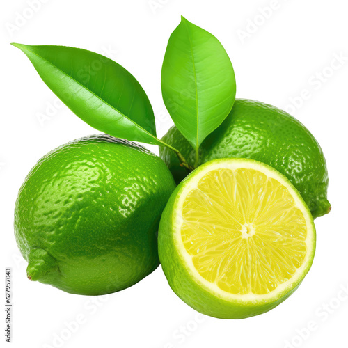 Fotografia Delicious green limes isolated on transparent background, png clip art, template for mark fruit flavor on label of product