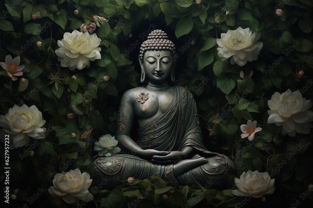 Buddha statue with lotus flower and green leaves background.Generative Ai