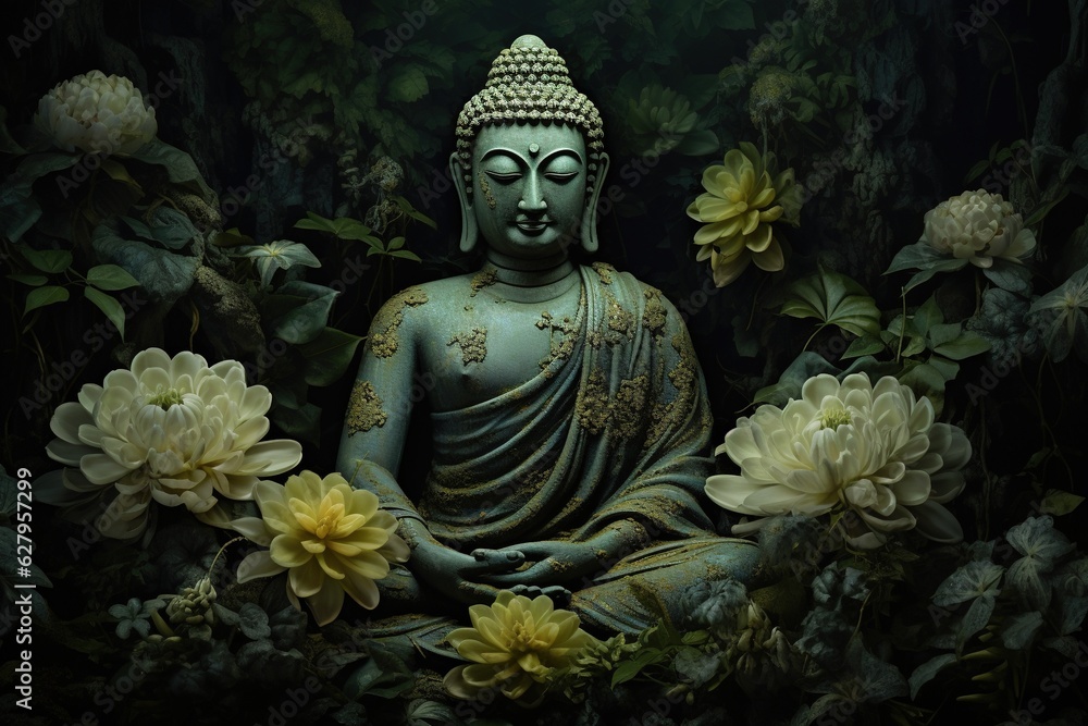 Buddha statue with lotus flower and green leaves background.Generative Ai