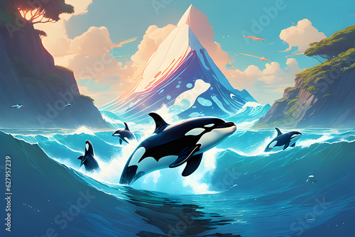 Draw three killer whales jumping and swimming in the open sea.Generative AI photo