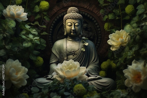 Buddha statue with lotus flower and green leaves background.Generative Ai