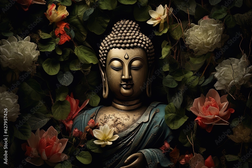 Buddha statue with lotus flower and green leaves background.Generative Ai